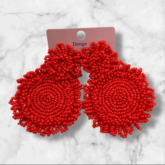 Statement Drop Red Beaded Circular Statement Earrings With Stud Backing - Picture 7 of 8